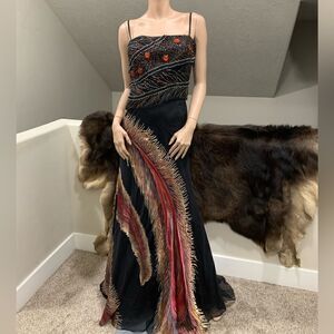 Stunning Silk Jacquard Floral Sleeveless Evening Dress with Exquisite Beading